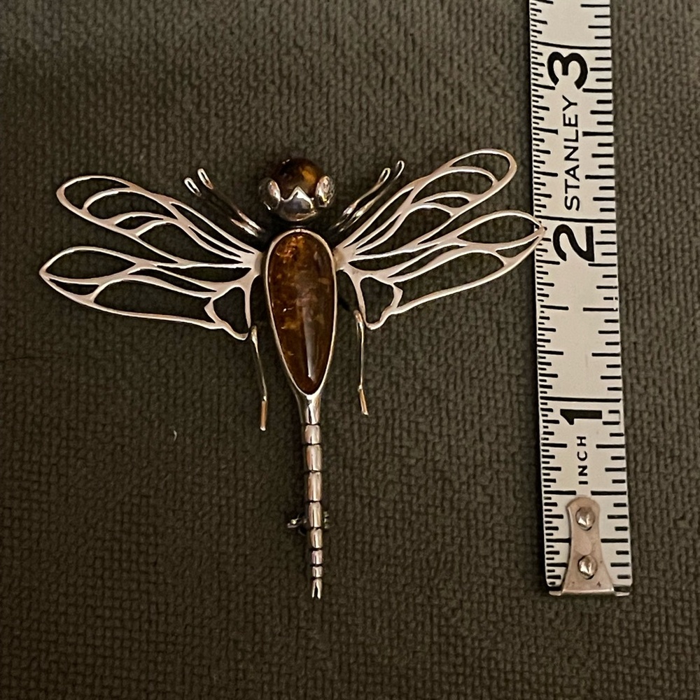 Sterling Silver Dragonfly Brooch with Amber Detail - Picture 3 of 5